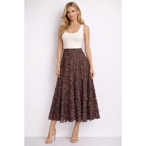 Karen Kane Floral Applique Midi Skirt Women Size M Brown Excellent A-Line 3D